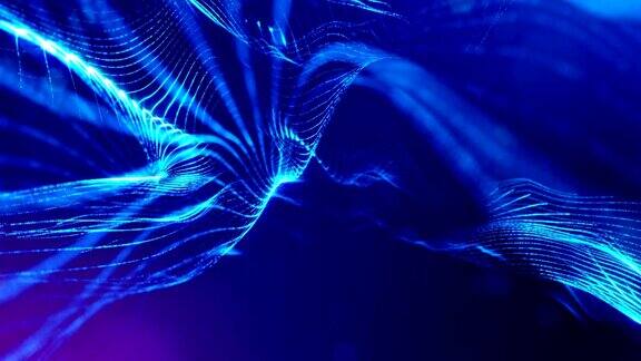 粒子形成线表面网格或神秘的虚拟空间3d无缝动画作为数字科幻小说背景发光粒子与景深散景蓝弦5