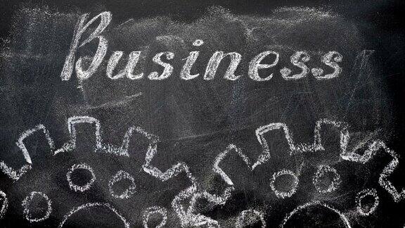 黑板上用粉笔书写商业和金融文字“商业”以及动画旋转的两个粉笔剪影绘图齿轮