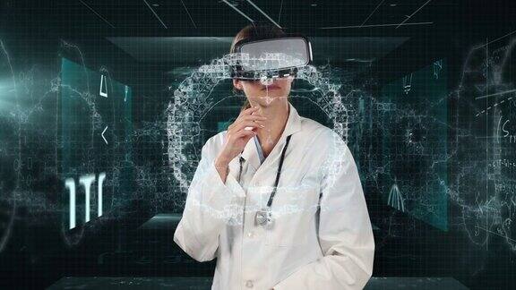 女医生使用VR头盔对抗屏幕上的医疗数据处理和数学符号