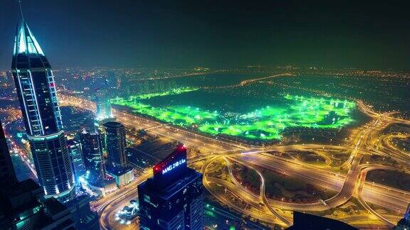 迪拜夜间照明码头屋顶全景4k时间流逝阿拉伯联合酋长国