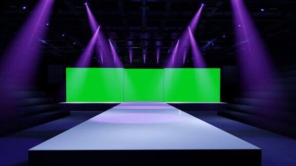 运动空舞台设计模型和企业身份展示厅内舞台绿幕图形资源的空白屏幕现场事件led夜灯上演动画循环4k3d渲染