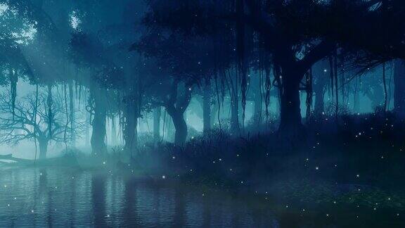 雾夜森林与超自然的仙女灯上面平静的河流3D