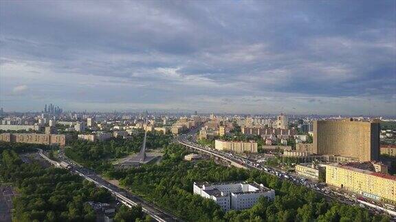 俄罗斯白天莫斯科著名的VDNH城市景观酒店空中全景4k