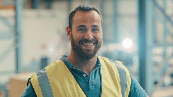 一名男工程师在工业仓库里的笑脸专业的机械技术员自信的微笑着穿着反光背心和安全帽在一个金属车间的制造商