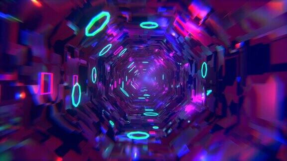 3D物体或结构在玻璃镜隧道内旋转和移动有霓虹灯明亮的反射VJ循环播放节目通过高科技隧道的科幻飞行