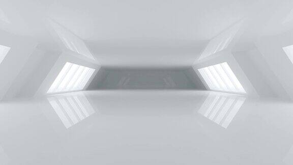 未来的明亮白色大科幻走廊房间反射和大白色发光的窗户和空旷的空间向前移动摄像机3D渲染
