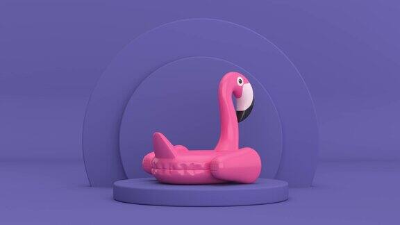 4k分辨率的视频:夏季游泳池充气橡胶粉红色火烈鸟玩具旋转在紫罗兰非常佩里圆筒产品舞台底座在紫罗兰非常佩里背景循环动画