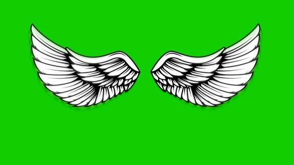 绿色背景上飞翔的翅膀的动画天使翅膀的动画