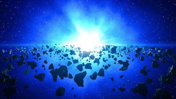蓝色恒星光芒中的小行星带3D动画4K