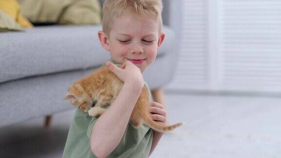 小男孩在家里的地板上玩姜小猫红丝带孩子和动物的友谊朋友和照顾猫