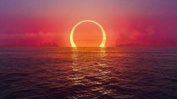 日落和日食在无缝循环的海洋上