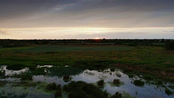 上升无人机拍摄的风景在伊利湖附近的门罗密歇根州日落