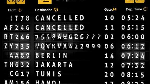 3D动画生成模拟航班信息显示板显示所有航班取消