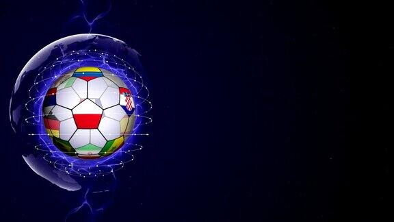 足球和世界旗帜在蓝色抽象粒子环动画背景循环