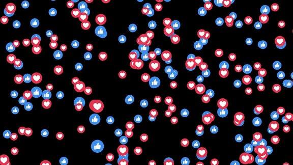 喜欢拇指向上蓝色图标心在Facebook直播视频孤立的黑色背景社交媒体网络营销应用程序的广告3d抽象插图