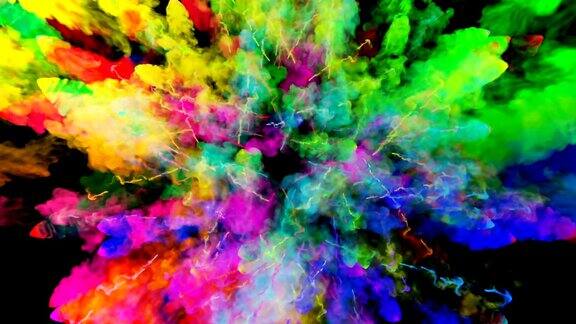 爆炸的火药孤立在黑色背景3d动画的粒子作为彩色的背景或覆盖效果迸发出彩虹般的色彩粉饼呈现出明亮如胡里节24