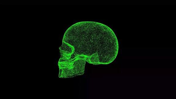 三维人类头骨在黑色背景上旋转物体溶解绿色闪烁粒子60FPS科学摘要bg为标题介绍全息屏幕保护程序三维动画