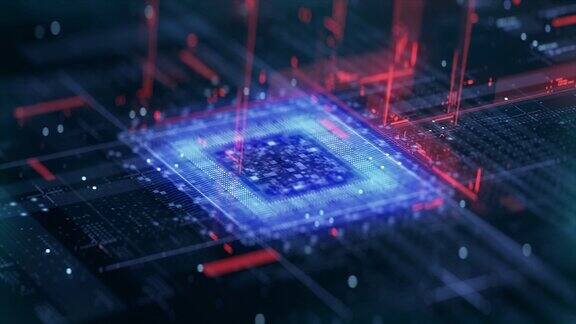 技术背景CPU电路3D可视化AI处理器电源彩色红蓝数字化过程数据传输在未来板芯片虚拟计算机动画近距离4K