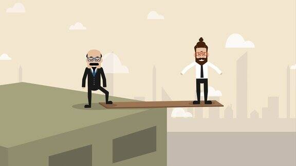 商人站在悬崖边上的木板上老板控制着(社会问题概念漫画)
