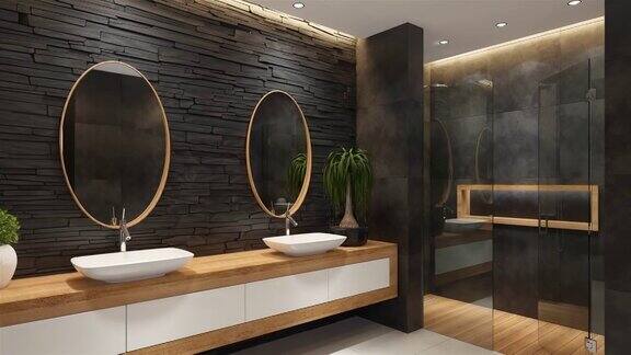 现代黑色极简主义浴室与黑色石板石墙现代温泉浴概念