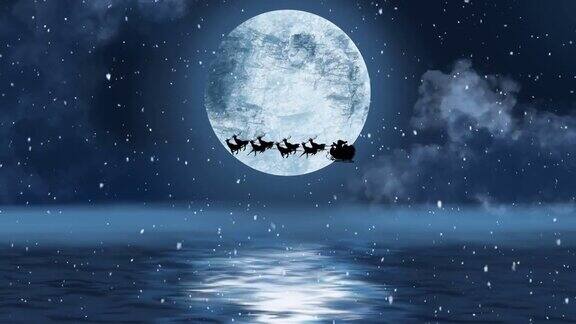 在夜空的月亮下驯鹿拉着雪橇的圣诞老人身上飘落着雪花