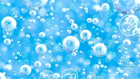 运动在蓝色清澈的水中放置氧气泡泡作为生态、环境、清洁的海洋、饮用水、化妆品广告、洗涤液、肥皂或抽象背景