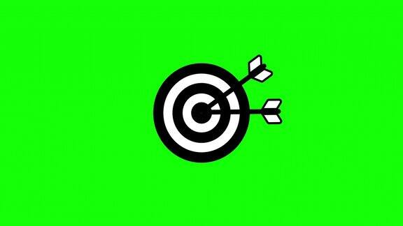 击中一个目标或目标与箭头简单循环动画在绿色背景上用箭头瞄准目标射箭、飞镖或目标策略圆圈按钮中的黄色、蓝色和紫色图标
