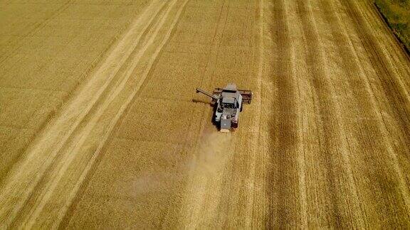 鸟瞰图联合农机在农田收获成熟的干大麦