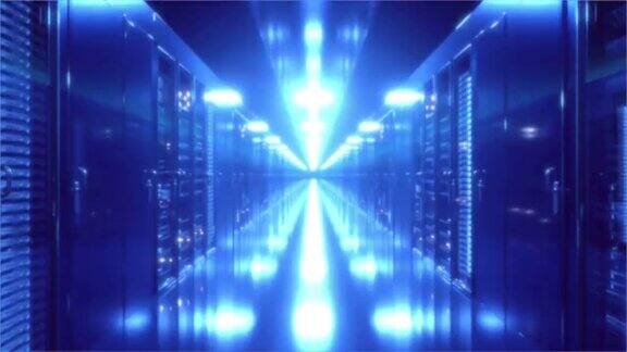 蓝色数字信息流经网络和数据服务器服务器房间4k