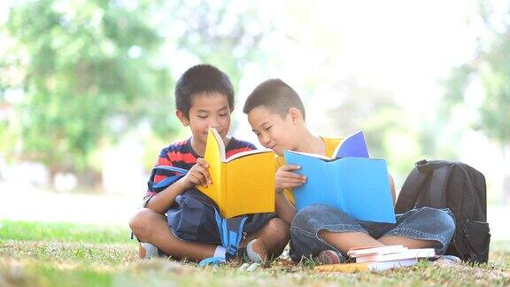 回归学校和教育理念两个小学男孩一起读书和做作业
