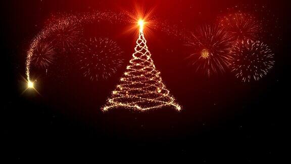 快乐的圣诞树背景与烟花红色的背景