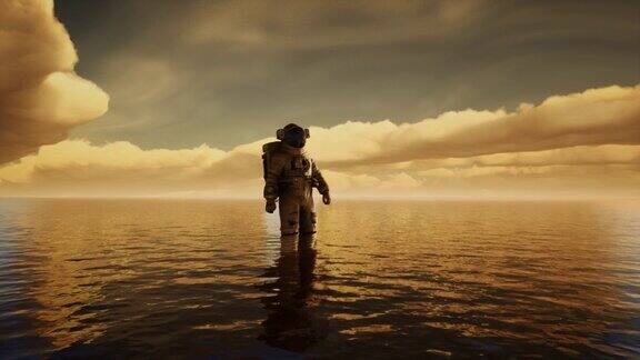 日落时云层下的海洋里的宇航员
