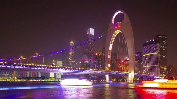夜光广州市市中心交通河桥时间跨度全景4k中国