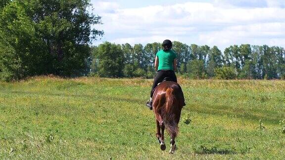 美丽的女孩在乡下骑马