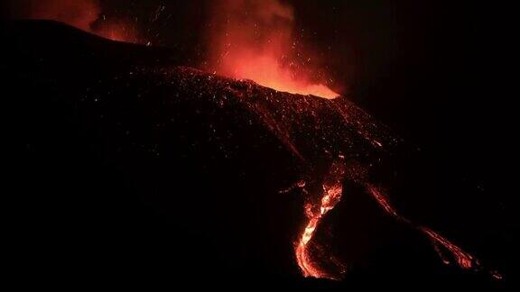 火山喷发拉帕尔马加那利群岛夜间延时拍摄的视频显示岩浆流和地震晃动着相机