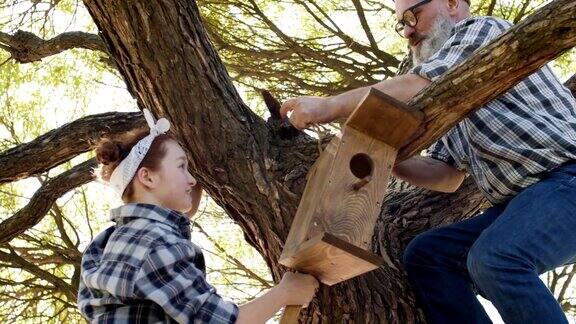 老人和他的孙女把鸟笼挂在树上