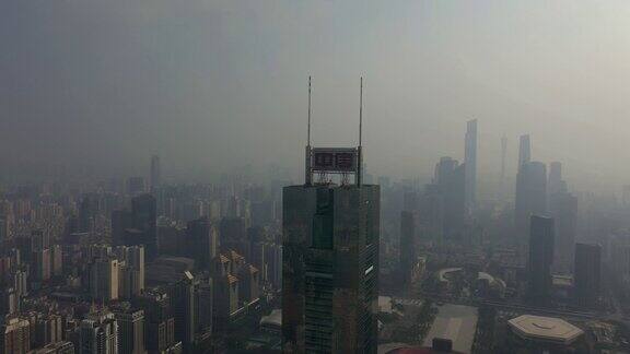 日落雾霾广州市景中心区航拍全景4k中国