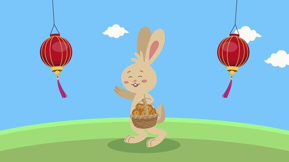 快乐的中秋节动画有兔子和灯笼的场景