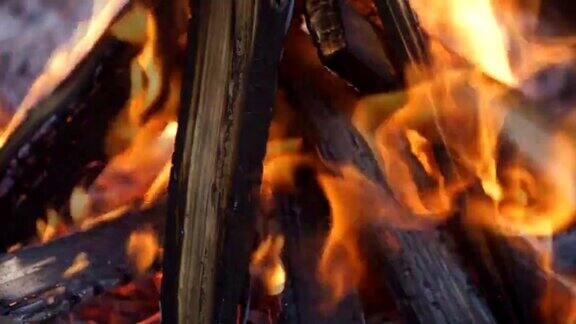 温暖的壁炉里满是木头与树木的噼啪声和鸟鸣声营火营火红色和黄色的火焰和余烬