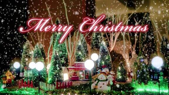 圣诞快乐文字排印设计以红色的玩具圣诞村为场景和彩灯装饰在雪花背景下的圣诞活动理念