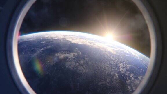 从国际空间站的舷窗上可以看到令人惊叹的地球景色初升的太阳照亮了我们蓝色星球的云朵、海洋和和平的城市科学准确的3D视觉特效渲染