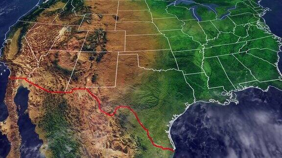 美国地图和与墨西哥边境美国地图与浮雕和北美山脉与墙分隔美国与墨西哥边境