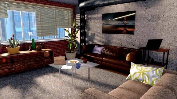 现代客厅室内阁楼公寓3D