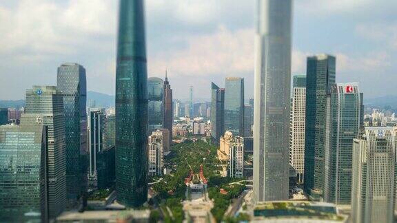 晴天广州市区天河区广场空中倾斜漂移全景4k时间间隔中国