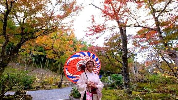 4K起重机拍摄:一名身穿和服的亚洲女子走过带有秋叶色彩的日本花园《京都议定书》日本