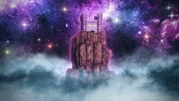 岩石上的3D城堡映衬着紫色的星空