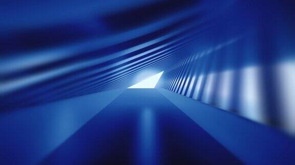 穿越蓝色的未来隧道抽象的3D动画在慢动作照明走廊室内设计飞船科学技术科学建筑工业红地毯闪亮室内车站干净想象