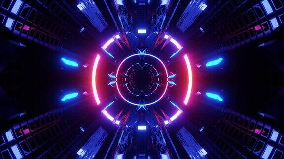 辉映科幻对称结构Vj环潮流霓虹隧道高科技霓虹隧道在对称的空间里遨游科幻小说电子游戏或vj夜总会的霓虹灯背景