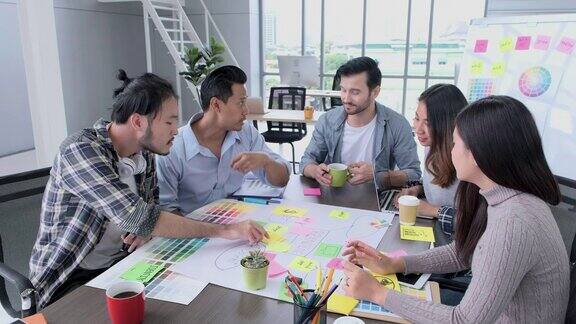 创意总监团队领导与设计师团队在会议桌上进行品牌项目头脑风暴创意办公室讨论思路