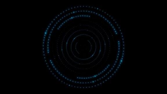 许多不同尺度的旋转圆圈由闪烁发光的小霓虹灯点组成像目标一样排列的灯泡孤立在黑色的屏幕上